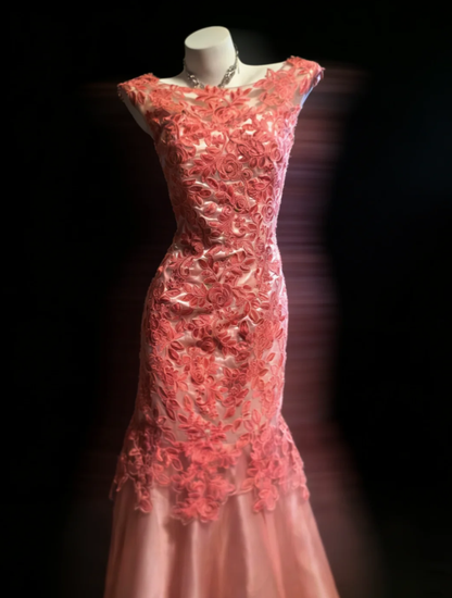 Pretty Rose Pink Sleeveless Tulle Rose Floral Lace Mermaid Long Party Dress Evening Gown SP1588