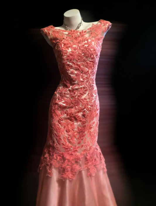Pretty Rose Pink Sleeveless Tulle Rose Floral Lace Mermaid Long Party Dress Evening Gown SP1588