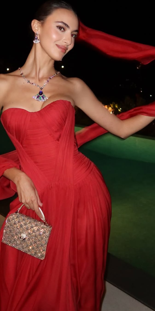 Pretty Red Chiffon Pleated A Line Long Wedding Guest Dress,Strapless Long Party Dress SP3108