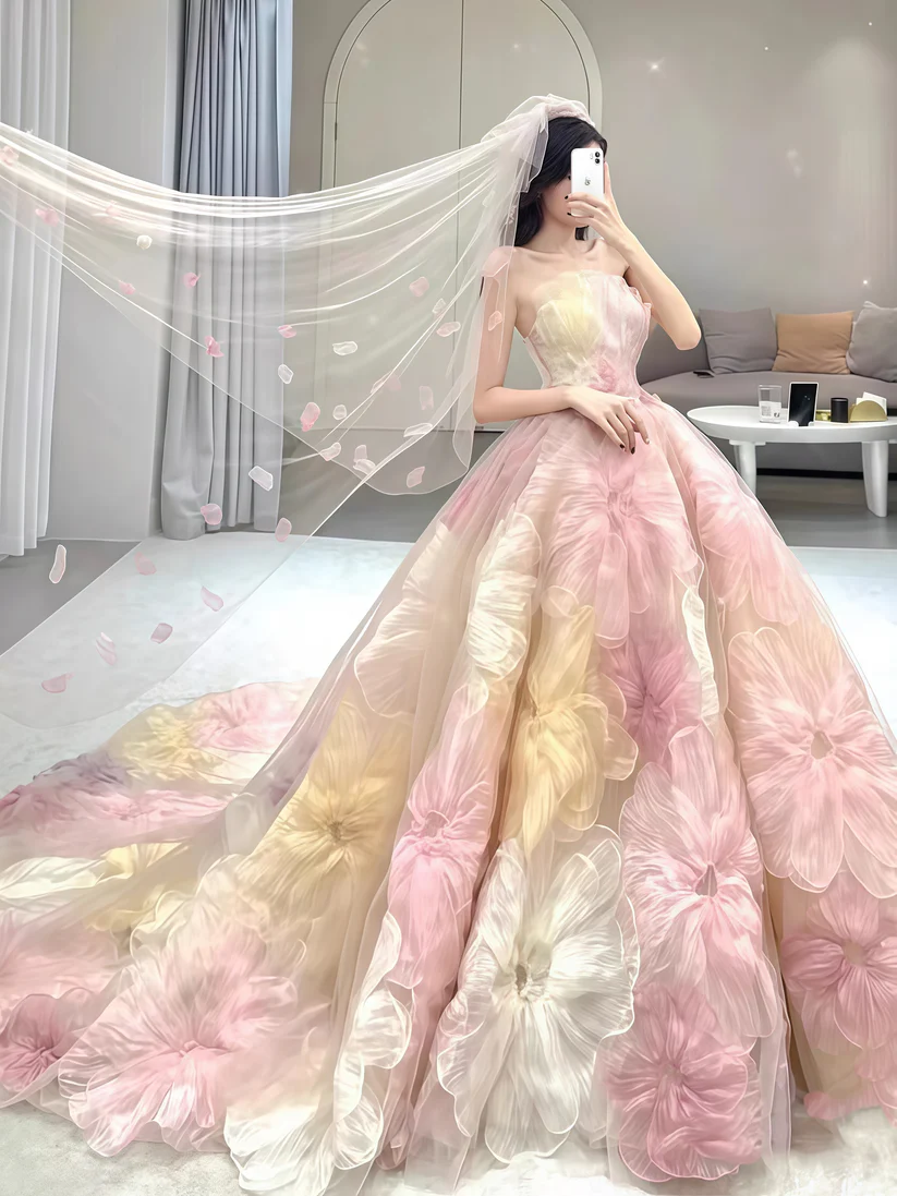 Dream Princess Floral Ball Gown, Strapless A-line Wedding Dress Y8289