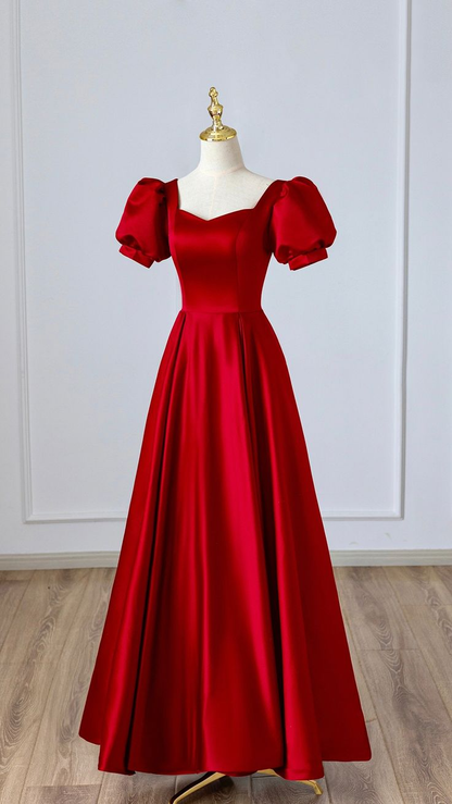 Red Satin Long Prom Dress, Simple A-Line Short Sleeve Evening Party Dress Y5504