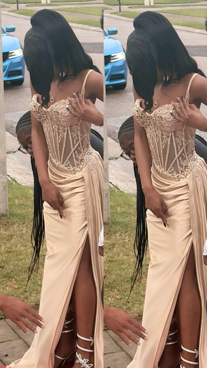 Elegant Sage Green Satin Appliques Beaded Mermaid Slit Long Party Dress Spaghetti Straps Long Wedding Guest Dress SP3721