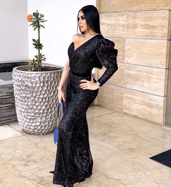 Black Sequins One Sleeve Mermaid Prom Dress,Black Evening Dress Y5880