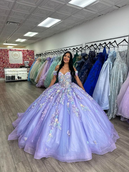 Elegant Off The Shoulder Sweet 16 Dress Purple Tulle Sequin Appliques Quinceanera Dress SP4296