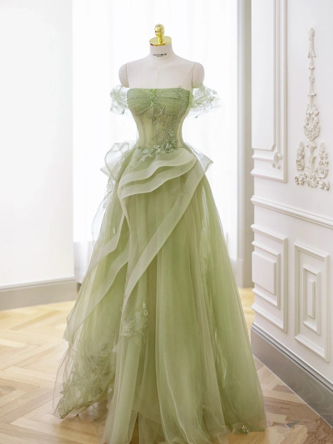 Sage Green Tulle Prom Dress,A-line Tulle Prom Gown Y2368