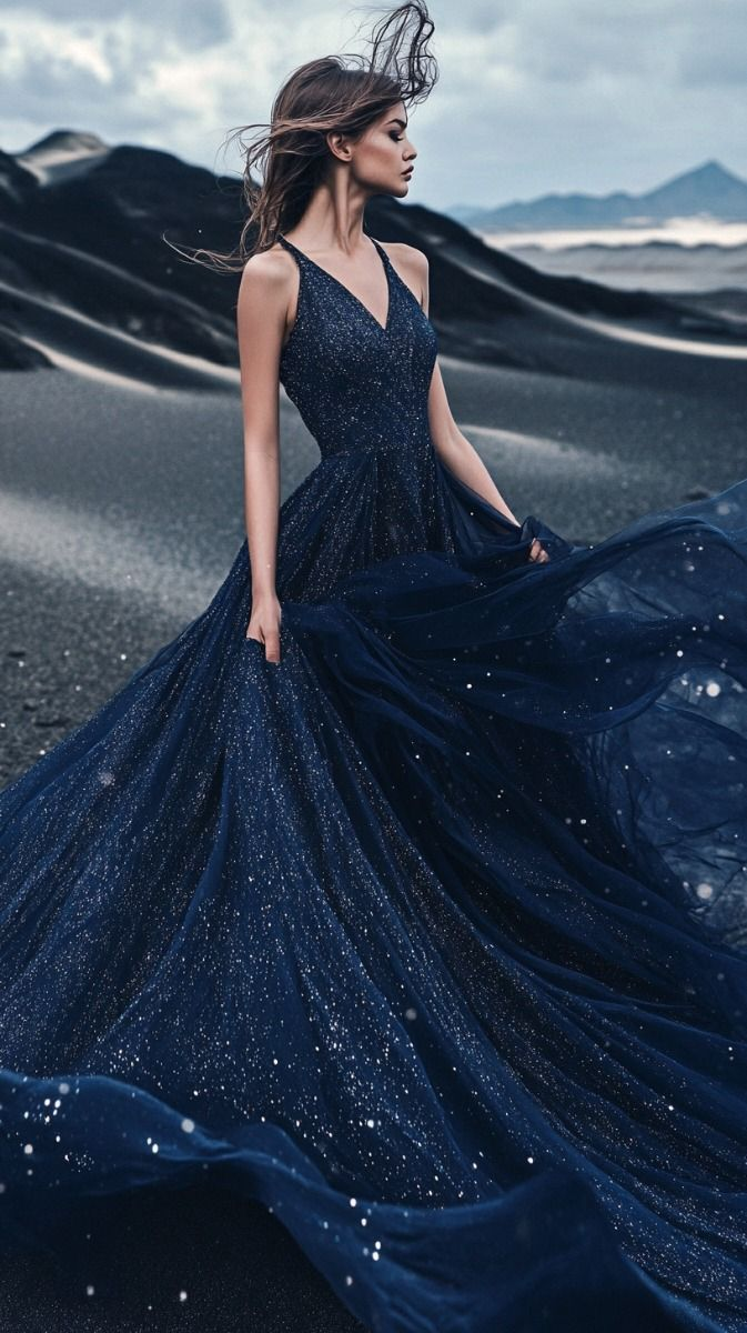 Gorgeous Sequin Tulle A Line Navy Blue V Neck Wedding Dress Y8381