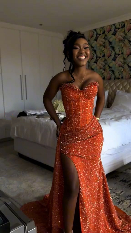 Fashion Sweetheart Neck Orange Sequin Beaded Slit Party Dress,Mermaid Long Prom Gown SP2453