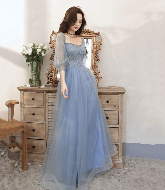 Blue tulle beaded long prom dress blue evening dress Y5835