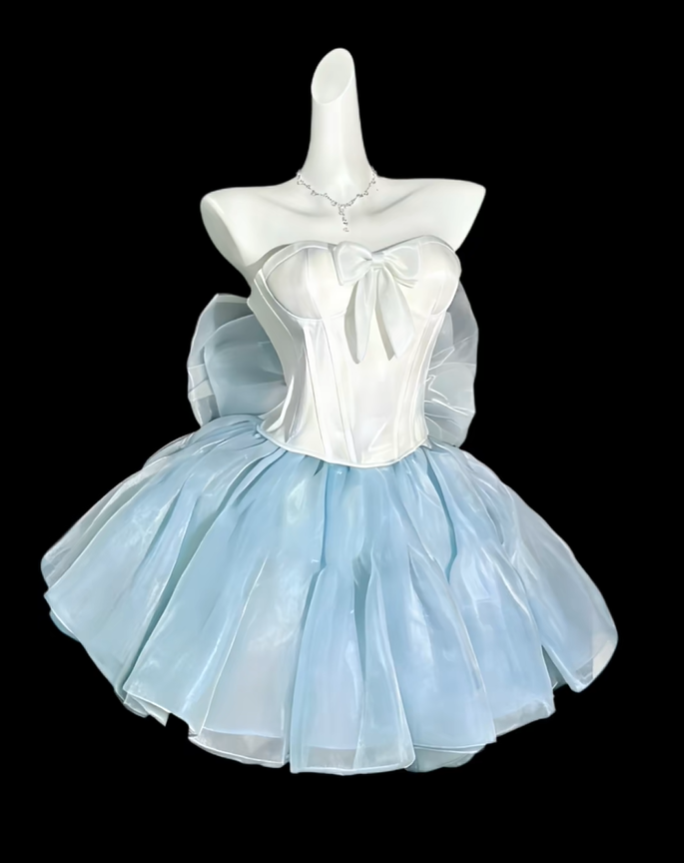 Glamorous Sweetheart Neck Satin Tulle A Line Short Birthday Outfit,Blue Short Homecoming SP3517