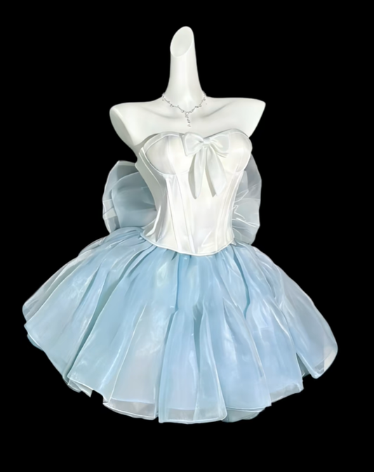 Glamorous Sweetheart Neck Satin Tulle A Line Short Birthday Outfit,Blue Short Homecoming SP3517