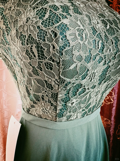 Vintage Green Sleeveless Chiffon Lace A Line Long Wedding Guest Dress Backless Party Dress SP2192