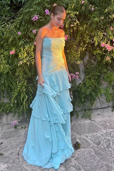 Elegant Strapless Blue Chiffon Pleated Ruffle Long Party Dress Formal Long Wedding Guest Dress SP4034