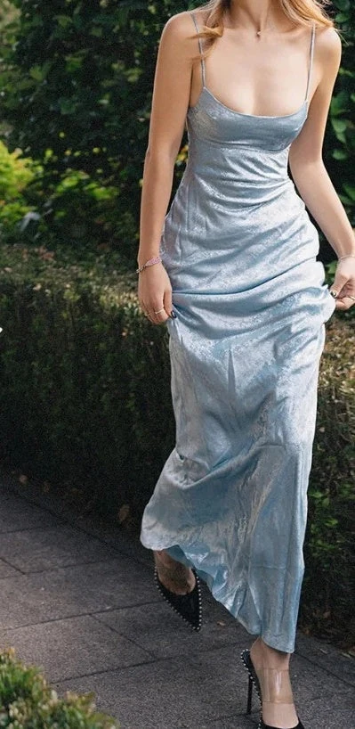 Beauty Spaghetti Straps Satin Mermaid Long Prom Dress Blue Backless Long Birthday Party Dress SP3875