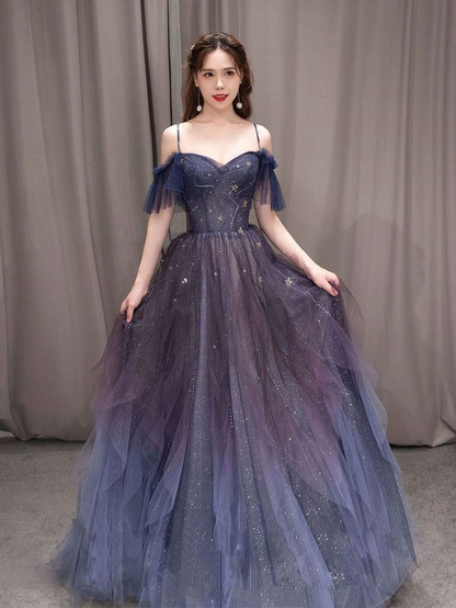 Dark starry sky purple tulle long prom dress purple evening dress Y5847