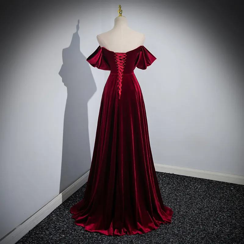 Wine Red Velvet Off Shoulder A-line Long Party Dress, Floor Length Prom Dress Y6605