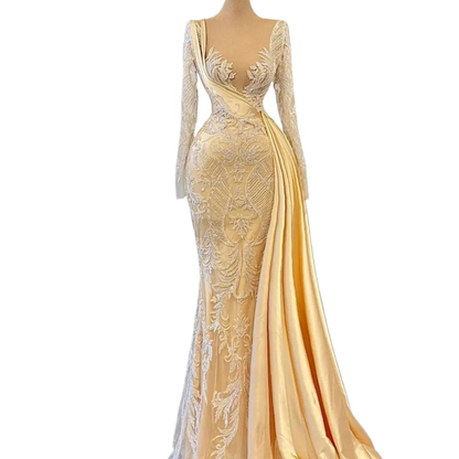 Elegant Hot Yellow Applique Long Sleeves Wedding Dresses Women Formal Pageant Dress Y899