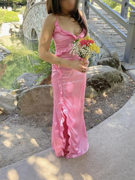 Classy Spaghetti Straps Pink Satin Ruffles Long Guest Dress Slit Formal Party Dress SP301