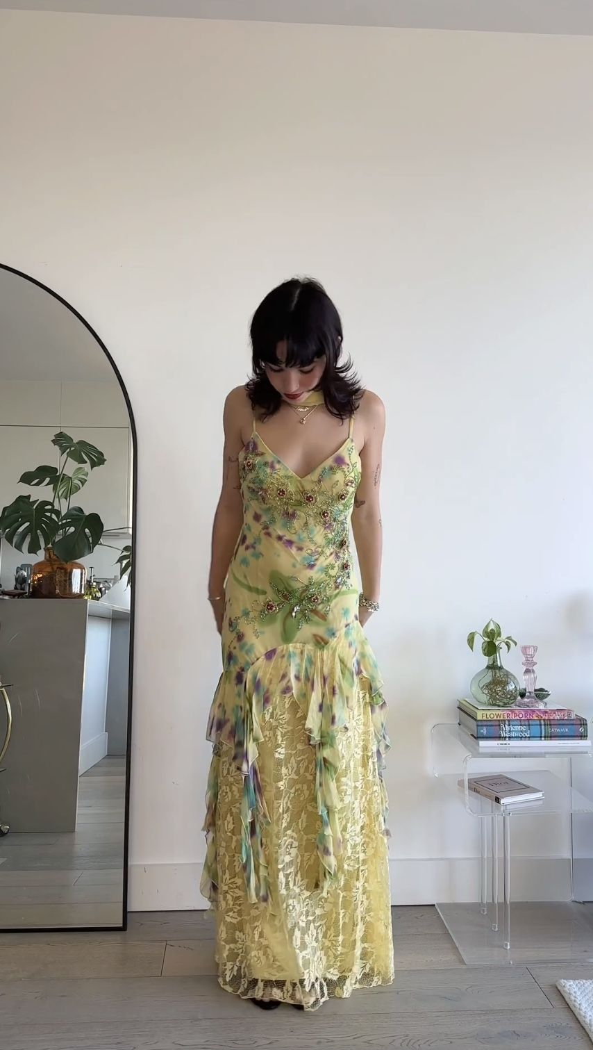 Charming Spaghetti Straps Yellow Chiffon Print Floral Beaded Mermaid Prom Dress Long Party Gown With Ribbon SP815