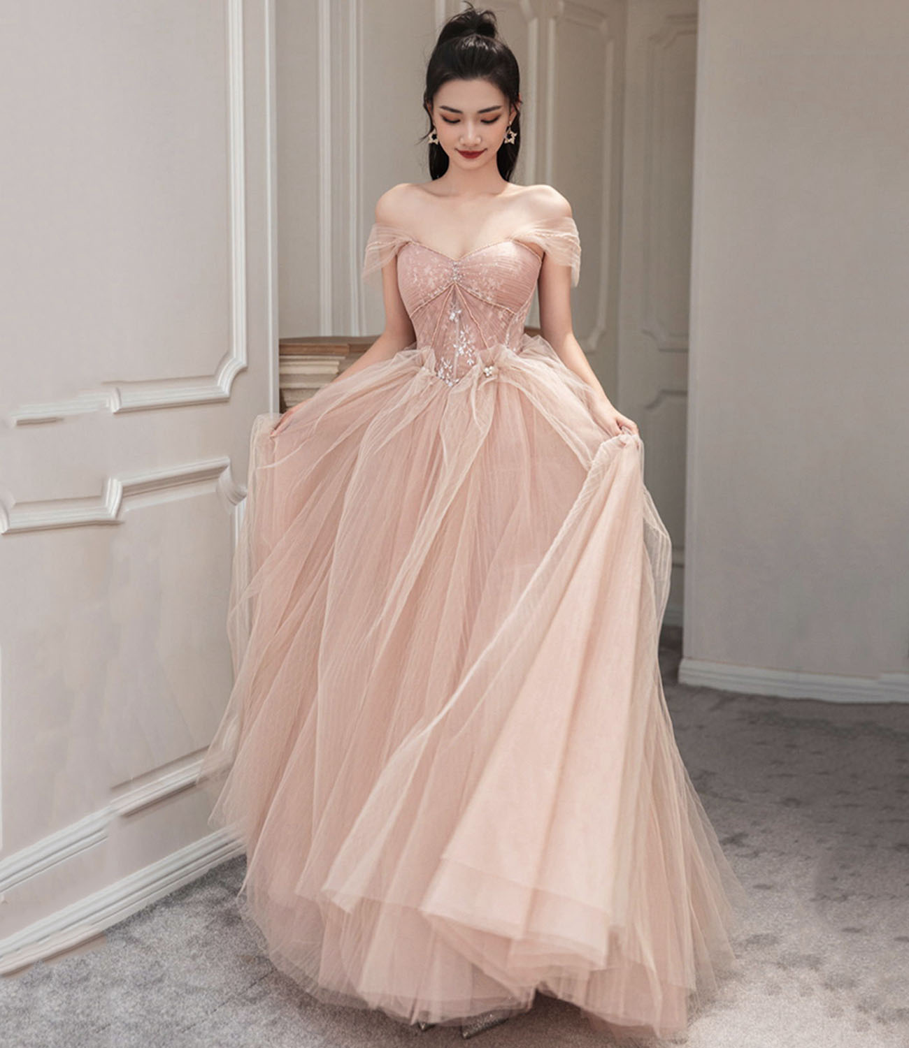 Pink Tulle Long Prom Dress Pink Evening Dress Y1825