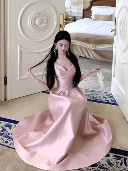Cute Spaghetti Straps V Neck Satin A Line Long wedding Guest Dress Pink Evening Dress Prom Dress SP2291