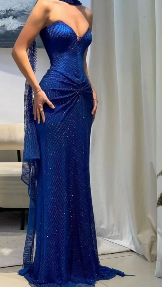 Elegant Royal Blue Tulle Sequin Strapless Mermaid Prom Dress Evening Gown With Ribbon Y9499