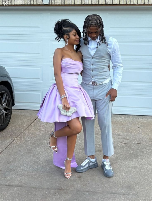 Sweet Purple Satin Short 8th Grade Homecoming Dress,Strapless A Line Mini Birthday Dress With Bow SP2497