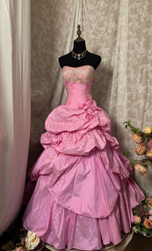 Elegant Princess Ball Gown Strapless Pink Satin Beaded Ruffles Long Quinceanera Dresses Sweet 16 Dress SP1947