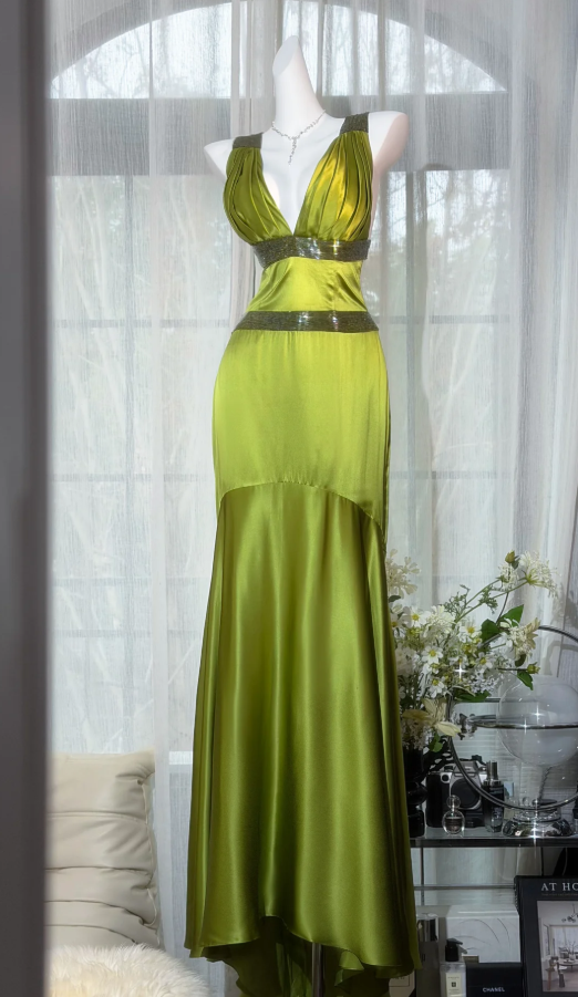 Sexy Green V Neck Satin Beaded Mermaid Long Party Dress Backless Birthday Prom Dress SP1875