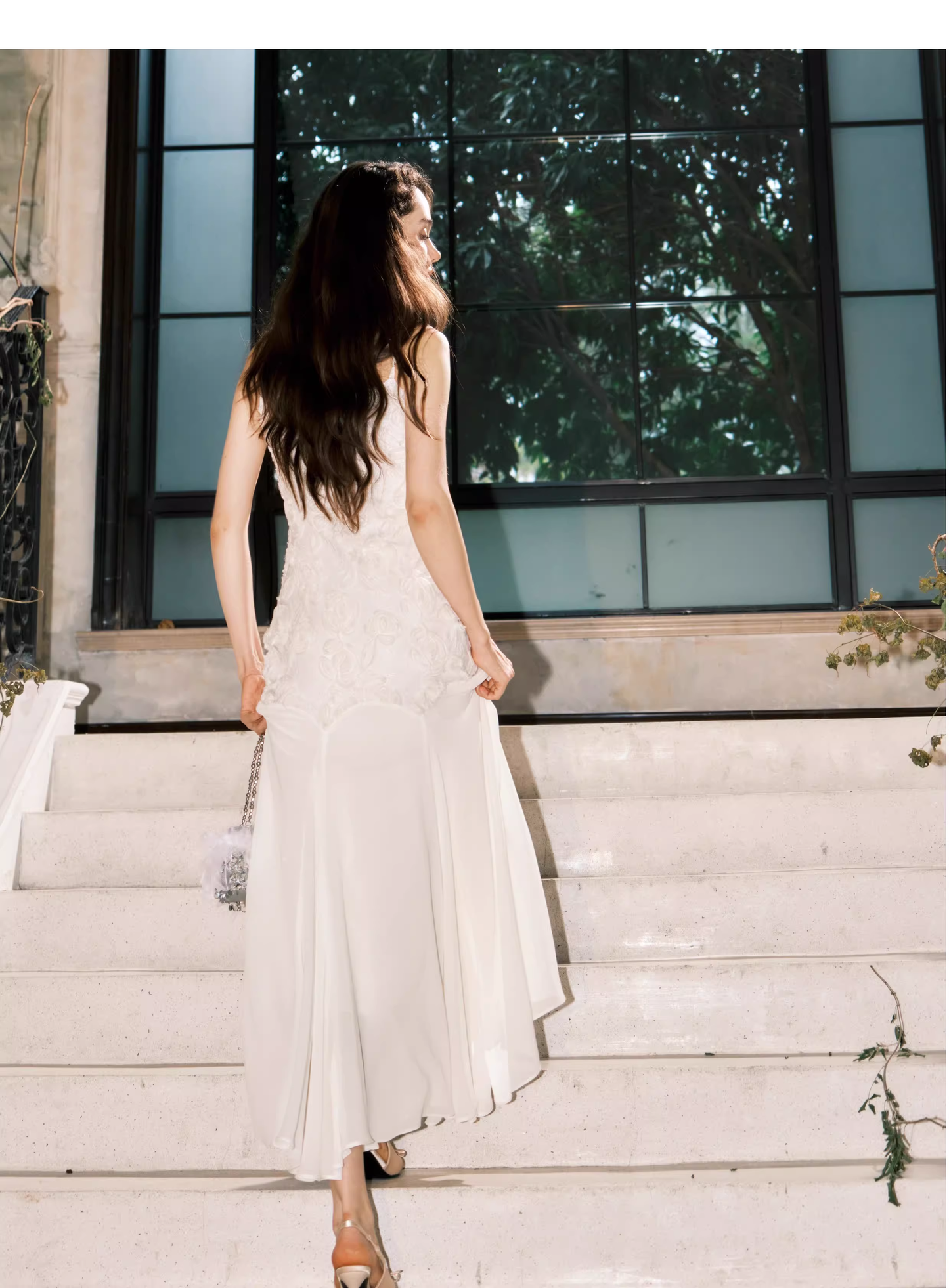 Fairy Spaghetti Straps 3D Rose Flowers Chiffon Mermaid Prom Dress White Birthday Party Dress SP1981