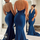 Navy Blue Halter Trumpet Long Formal Dress Y7376