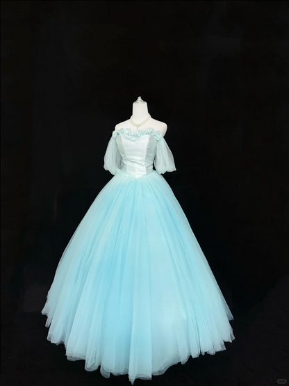Elegant Blue Ball Gown Off The Shoulder Floral Tulle Long Prom Dress Party Gown SP2215