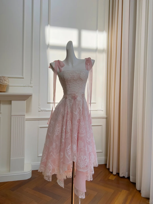 Pretty Bow Straps Lace A Line Birthday Party Dress Pink Homecoming Dress Y8979