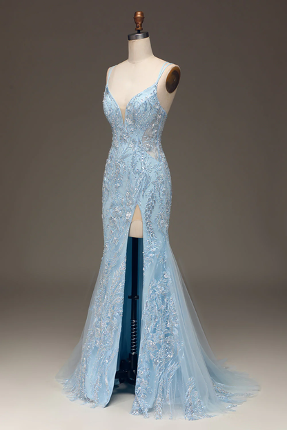 Elegant Blue Tulle Mermaid Prom Dress Evening Dress With Sequins Y6701