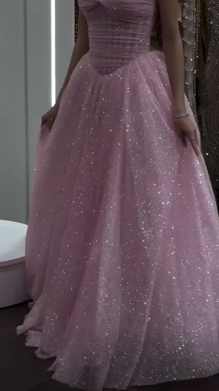 Shiny Sweetheart Neck Tulle Sequin A Line Long Wedding Guest Dress Pink Long Party Dress SP3742