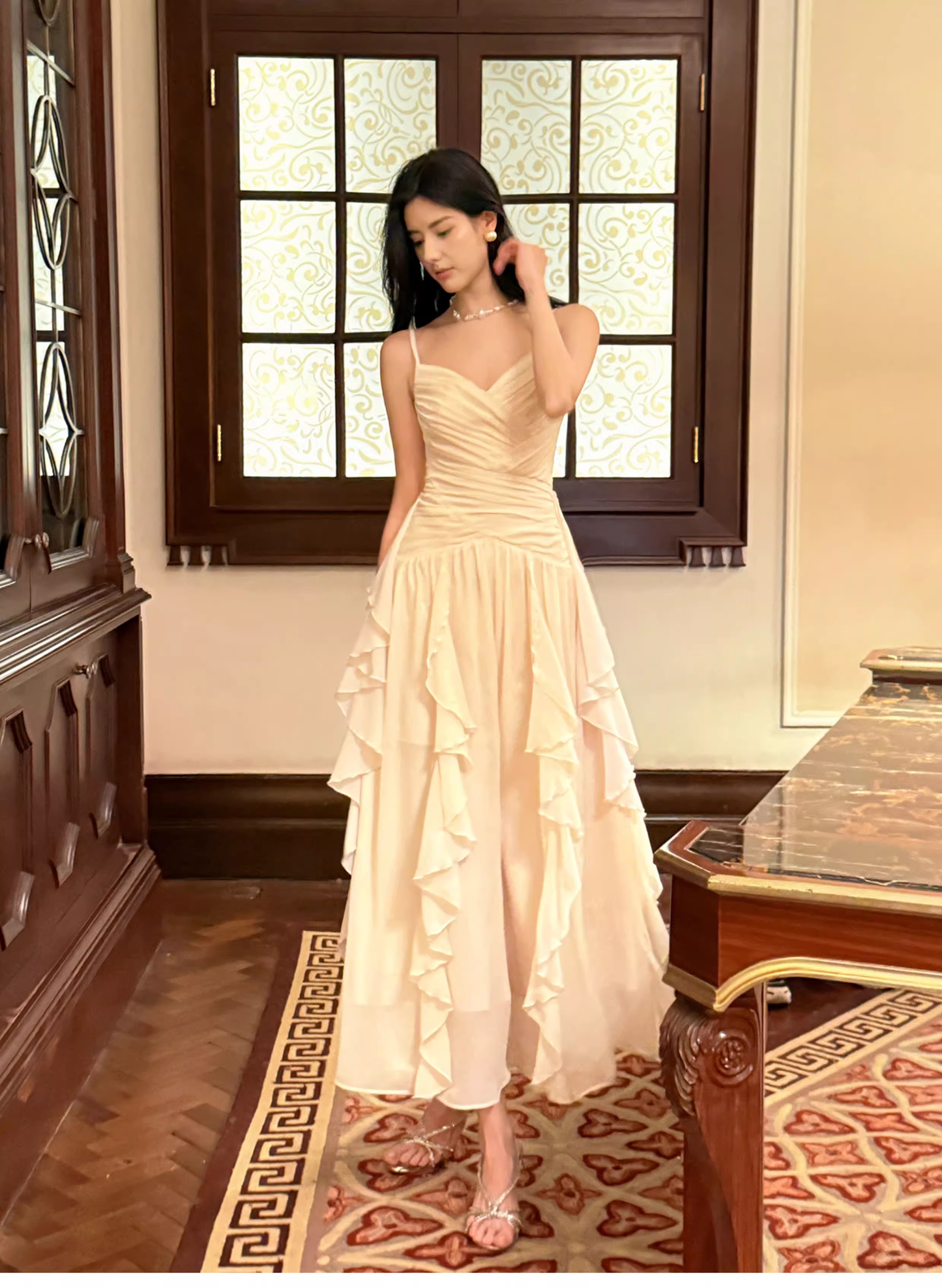 Classy White Spaghetti Straps Chiffon Ruffles Long Wedding Guest Dress Party Dress SP2011