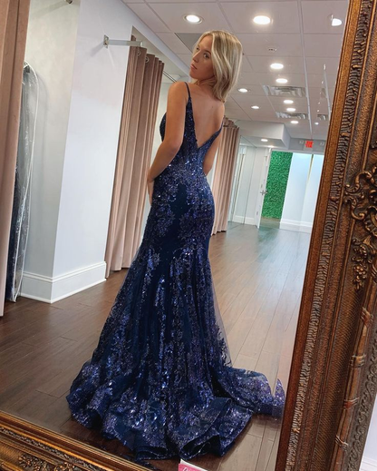 Sparkle Navy Blue Sequined Trumpet Long Prom Dress  Y6444