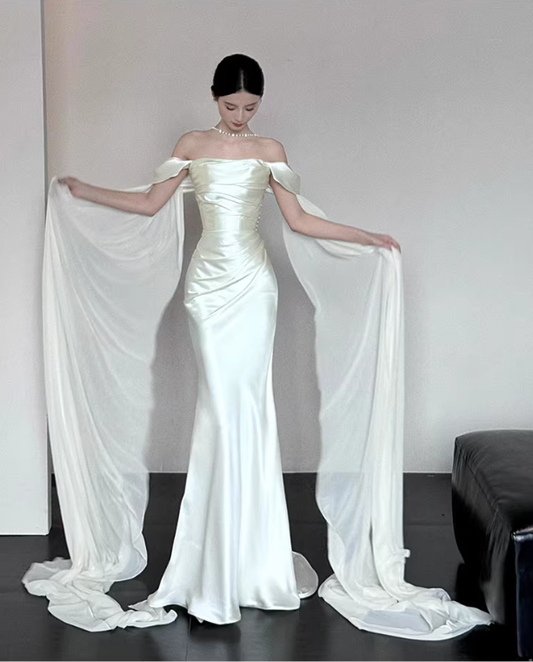 Glamorous Off The Shoulder Satin Chiffon Mermaid Long Evening Dress White Birthday Prom Dress SP2021