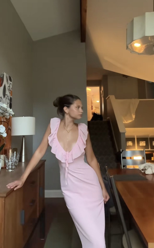 Sweet Pink V Neck Ruffle Chiffon Long Party Dress Formal Prom Dress SP200