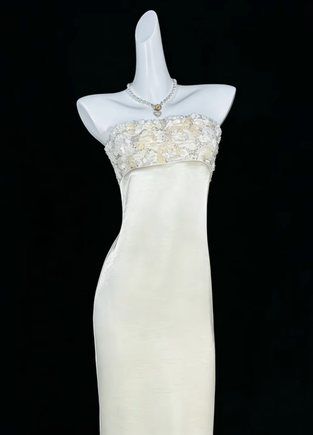 Charming Strapless Off White Satin Appliques Long Party Dress Prom Gown SP3510