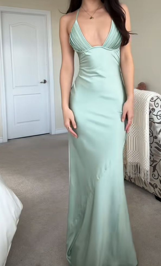 Elegant Green Halter V Neck Satin Mermaid Long Wedding Guest Dress Evening Gown SP1193