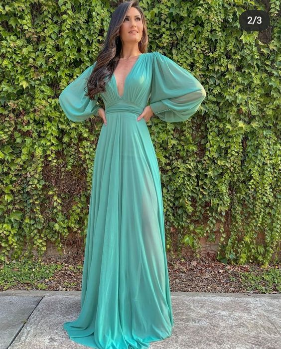 Long Sleeves Deep V Neck Chiffon Long Evening Prom Dress Y7198