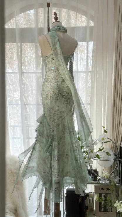 Vintage Spaghetti Straps Long Evening Dress, Sleeveless Green Mermaid Party Gowns Y9728