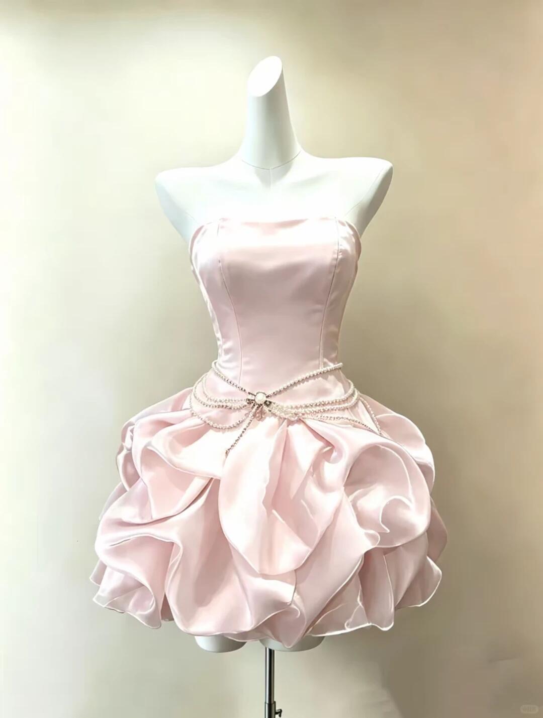 Sweet Strapless Pink Satin Organza Pleated A Line Short Homecoming Dress Birthday Dress SP2512