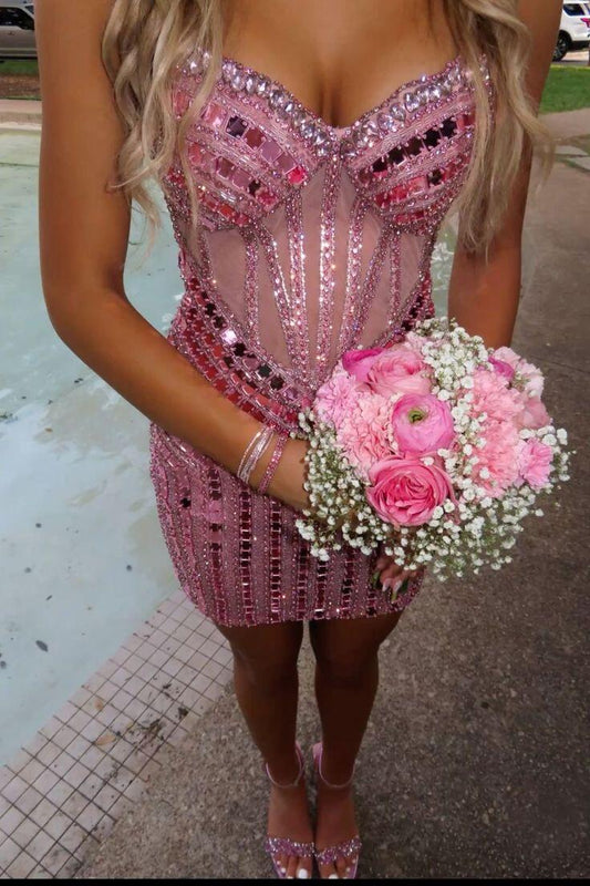 Gorgeous Pink Satin Beaded Sheath Short 7th Grade Homecoming Dress,Formal 15th Birthday Outfits SP2967
