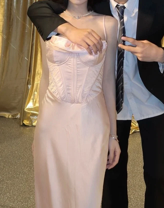Fashion Prom Dress Light Pink Spaghetti Straps Satin Sheath Long Birthday Party Dress SP3879