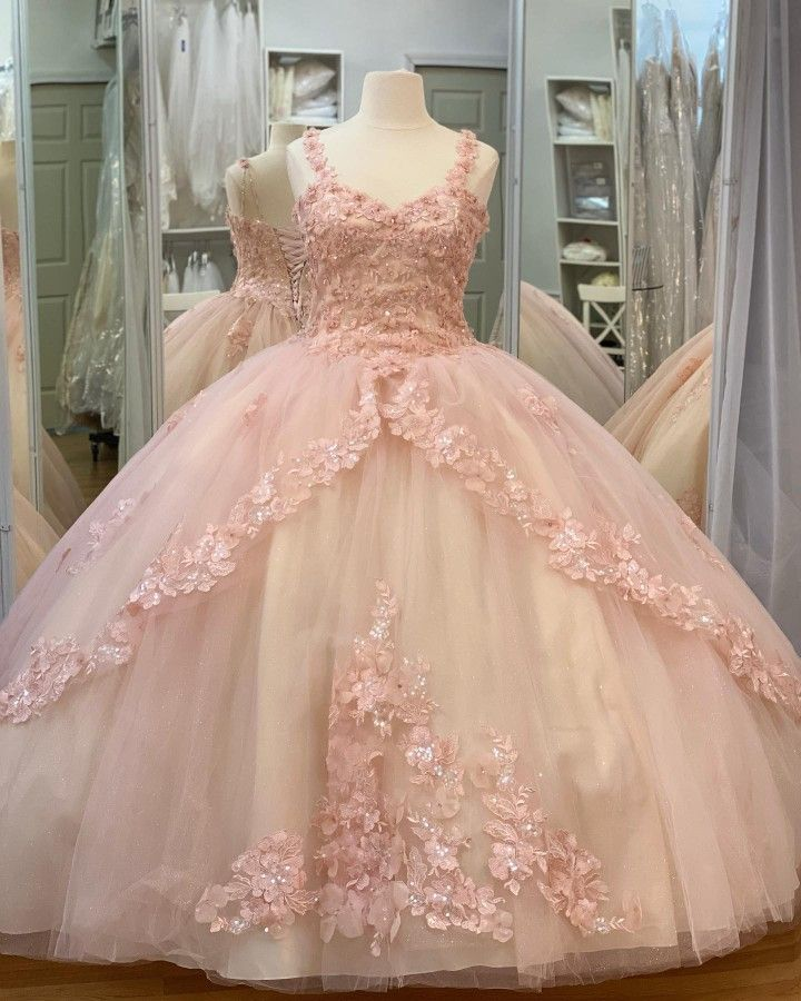 Quinceanera Sweet Tulle Ball Gown 16 Lace Pink Party Flower Sparkly Prom Dress Y3027