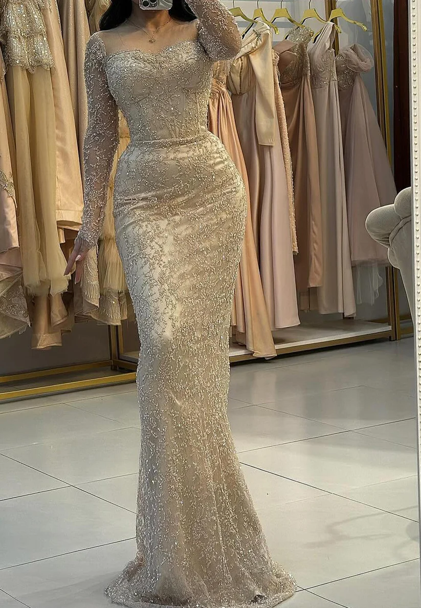 Sparkly Champagne Lace Sequin Mermaid Long Party Dress Prom Dress SP4202