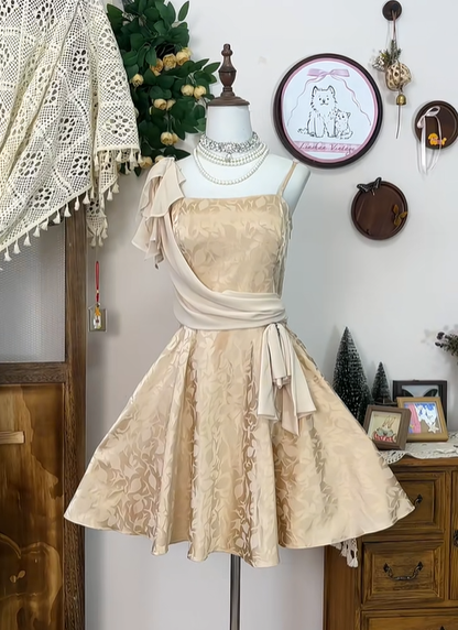 Vintage Spaghetti Straps Satin Print Homecoming Dress Champagne A Line Cocktail Dress Birthday Outfits Y8887