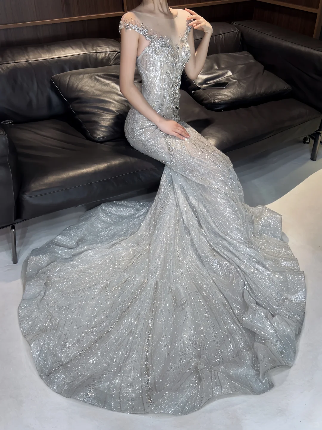 Sparkly Silver Tulle Sequin Mermaid Long Wedding Dress SP4154