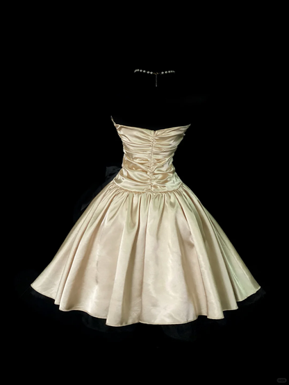 Fashion Strapless Champagne Satin Pleated A Line Short Homecoming Dress Cocktail Dress SP4039